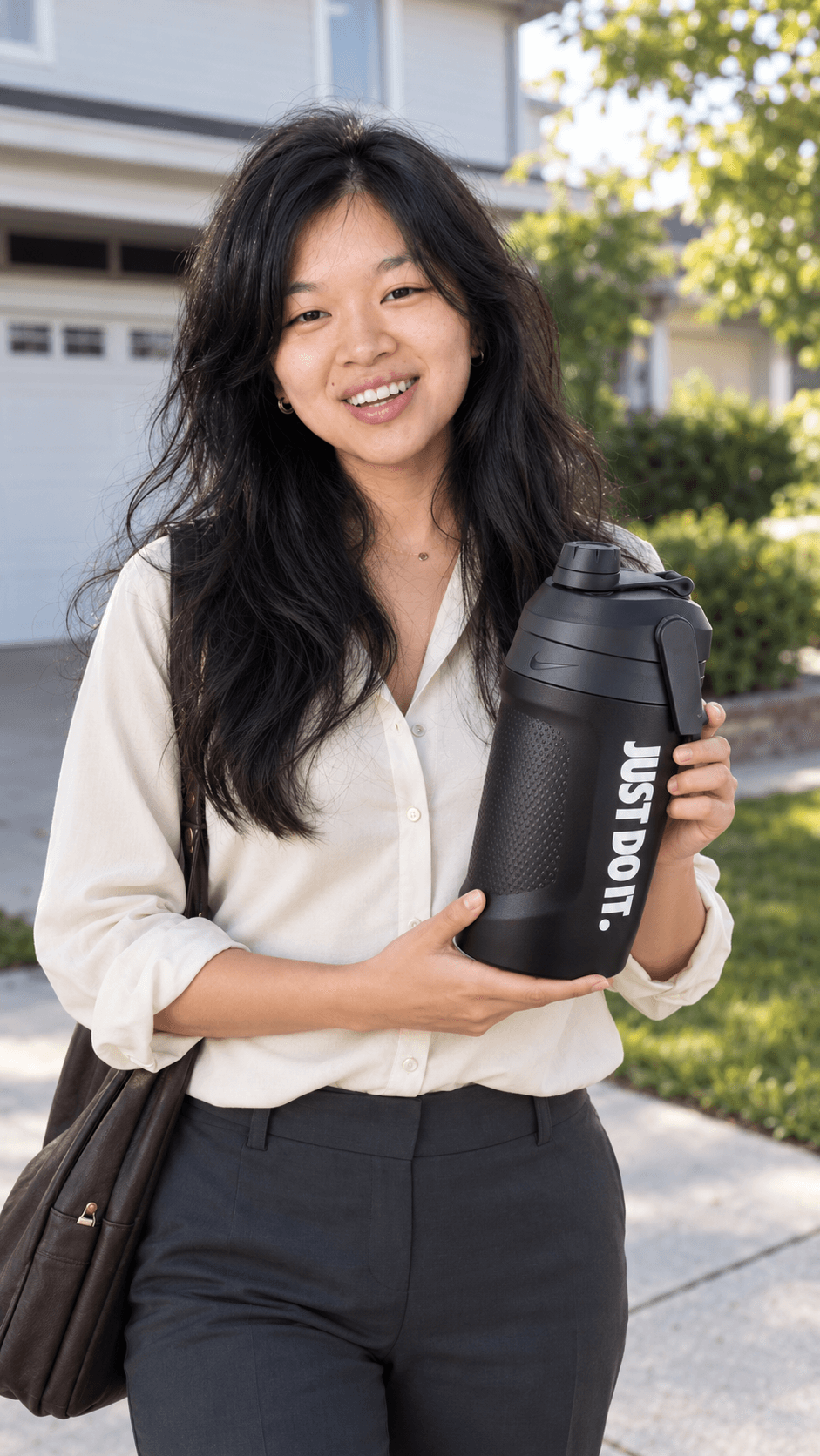 The same creator holding the black Nike jug in the finished AI ad